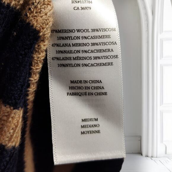 Rails Harris Merino Blend Sweater Size M Camel Navy Stripe Collared Neckline - Picture 10 of 12
